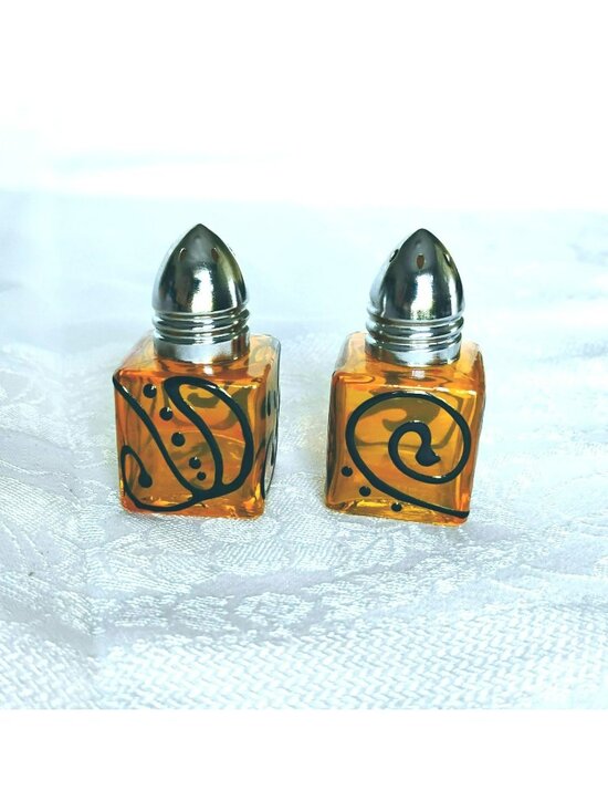 None Other - Vintage Topaz Glass Salt Pepper Shakers With Black Swirl Design & Silver Lids